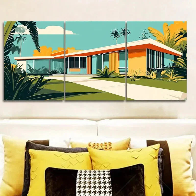 3pcs Set Mid-Century Modern House Metal Print Ready to Hang Art
