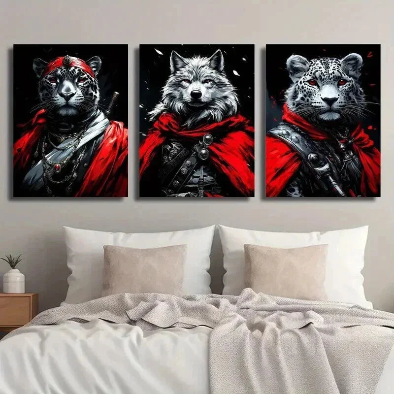 3pcs Red-Cloaked Wolf Leopard & Tiger Wall Art Set Canvas Framed 40x60cm - High Quality Print 100% Australian Made Wall Canvas Ready to Hang