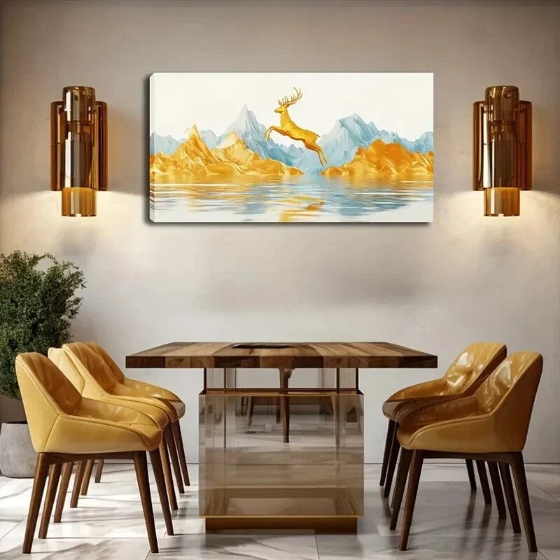 Majestic Golden Deer Jumping Wall Art Canvas Office Home Room Framed 120x60cm