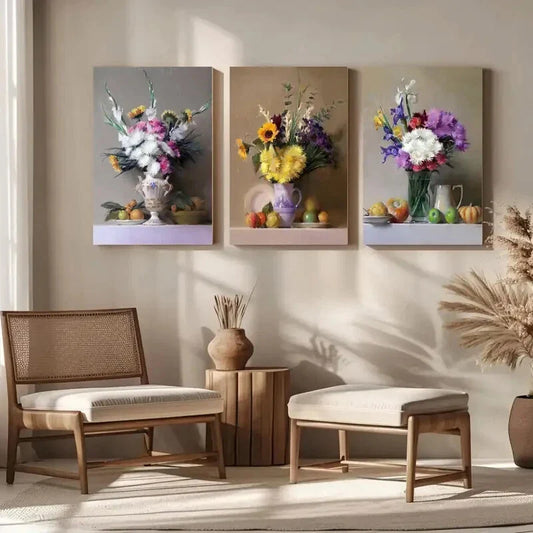 3pcs White Blue Yellow Wildflower Painting Metal Print Ready to Hang Art