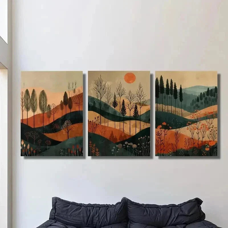 3pcs Colorful Autumn Sunset Forest & Mountain Wall Art Set Canvas Framed 40x60cm - High Quality Print 100% Australian Made Wall Canvas Ready to Hang