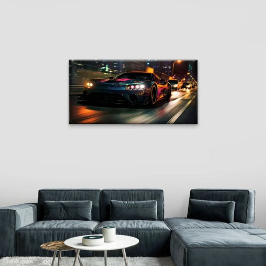 Sports Car Nighttime City Wall Art Canvas Office Home Room Framed 120x60cm