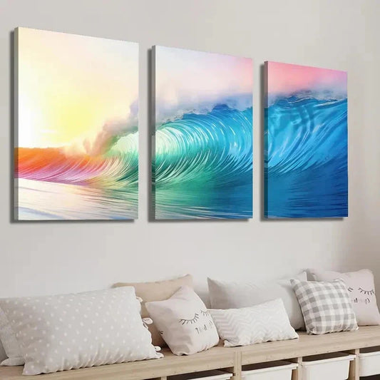 3pcs Colorful Ocean Wave Beach Scenery Painting Wall Art Set Canvas Framed 40x60cm - High Quality Print 100% Australian Made Wall Canvas Ready to Hang