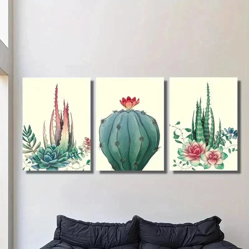 3pcs Vibrant Aloe Vera Prick Pear & Cactus Wall Art Set Canvas Framed 40x60cm - High Quality Print 100% Australian Made Wall Canvas Ready to Hang