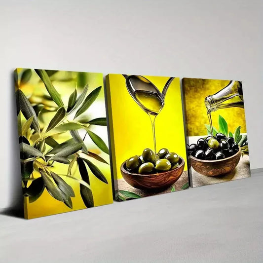 3pcs Abstract Charming Olive Oil with Greenery  Wall Art Set Canvas Framed 40x60cm - High Quality Print 100% Australian Made Wall Canvas Ready to Hang