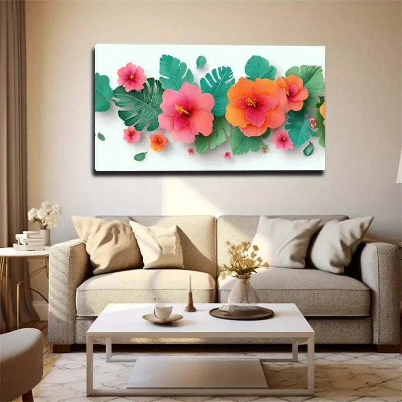 Colorful Flowers Large Leave Wall Art Canvas Office Home Room Framed 80x45cm