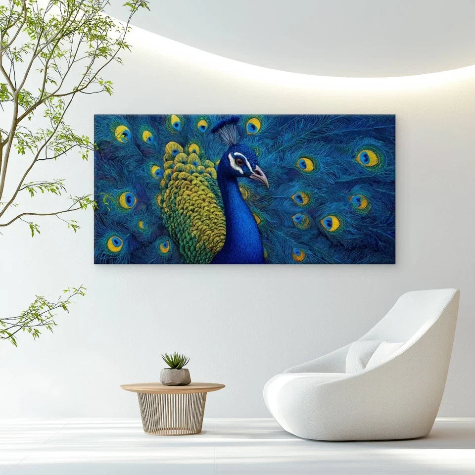 Indian Peacock with Blue Wall Art Canvas Office Home Room Framed 80x45cm