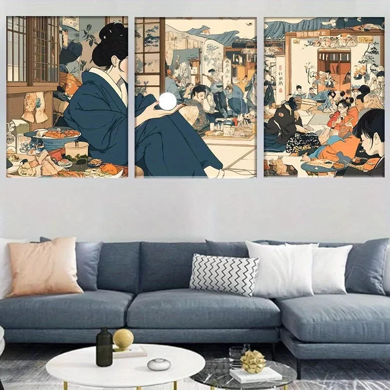 3pcs Elegant Traditional Japanese Gathering Wall Art Set Canvas Framed 40x60cm - High Quality Print 100% Australian Made Wall Canvas Ready to Hang