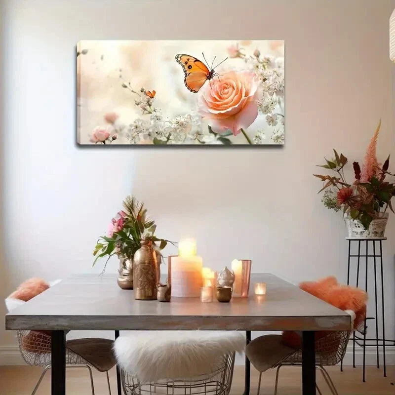 Pink Rose Butterfly Decorative Wall Art Canvas Office Home Room Framed 120x60cm