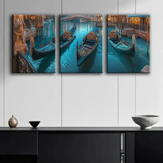 3pcs Venetian Canal Gondolas Dark Blue Perfect Vibes Wall Art Set Canvas Framed 40x60cm - High Quality Print 100% Australian Made Wall Canvas Ready to Hang