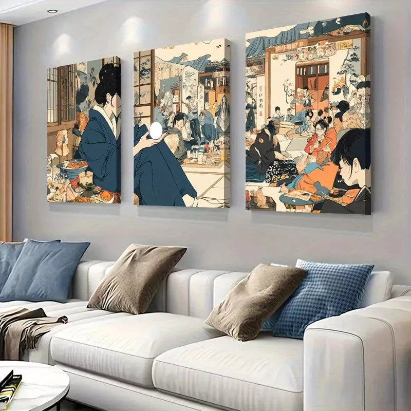 3pcs Elegant Traditional Japanese Gathering Wall Art Set Canvas Framed 40x60cm - High Quality Print 100% Australian Made Wall Canvas Ready to Hang