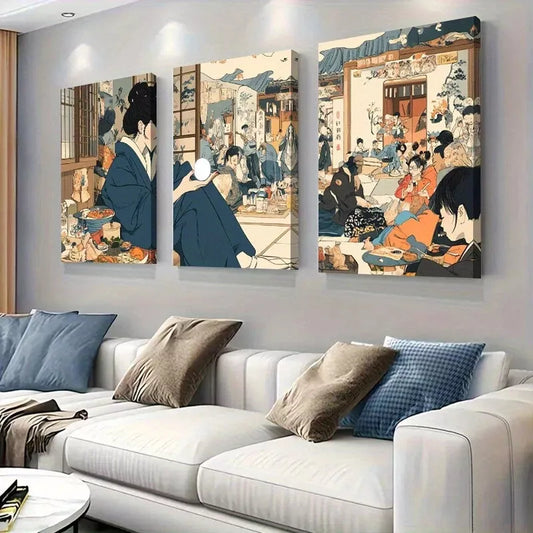 3pcs Elegant Traditional Japanese Gathering Wall Art Set Canvas Framed 40x60cm - High Quality Print 100% Australian Made Wall Canvas Ready to Hang