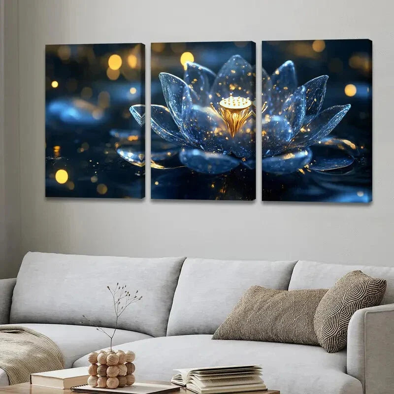3pcs Vibrant Lotus Flower Stunning Blue & Gold Wall Art Set Canvas Framed 40x60cm - High Quality Print 100% Australian Made Wall Canvas Ready to Hang