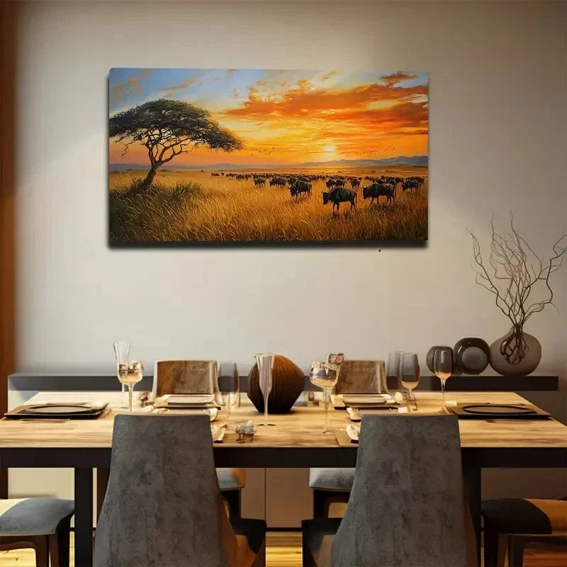 Group Of Wildebeest Wall Art Canvas Office Home Room Framed 80x45cm