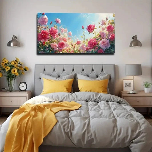 Vibrant Pink and Yellow Roses Wall Art canvas office home room framed 120x60cm