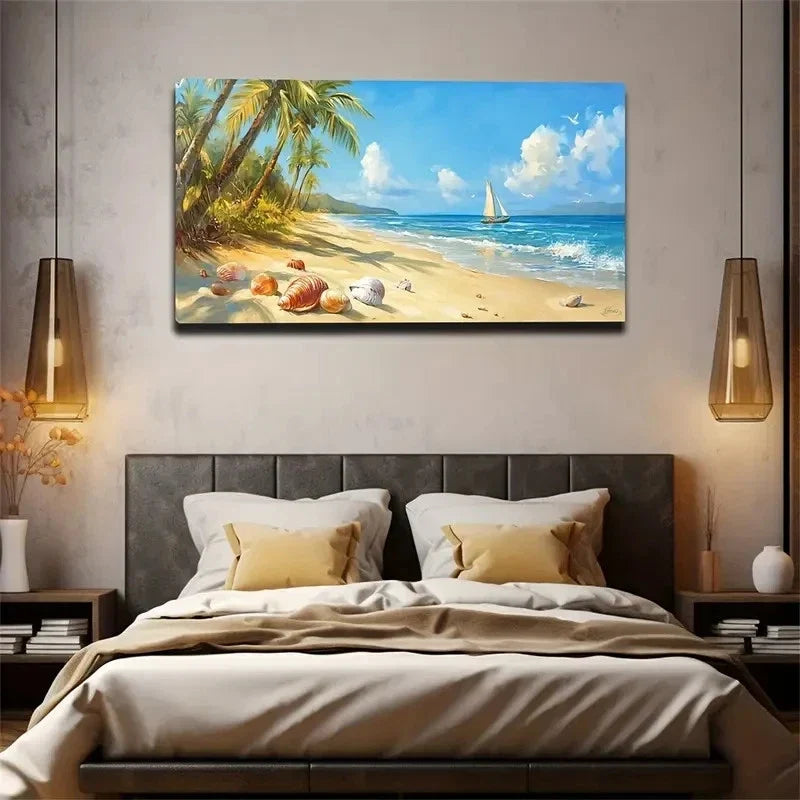 Conch Shells On The Beach Wall Art Canvas Office Home Room Framed 80x45cm