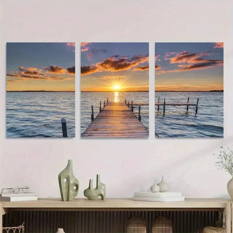 3pcs Sunset Dock Paintings Sky Wall Art Set Canvas Framed 40x60cm - High Quality Print 100% Australian Made Wall Canvas Ready to Hang