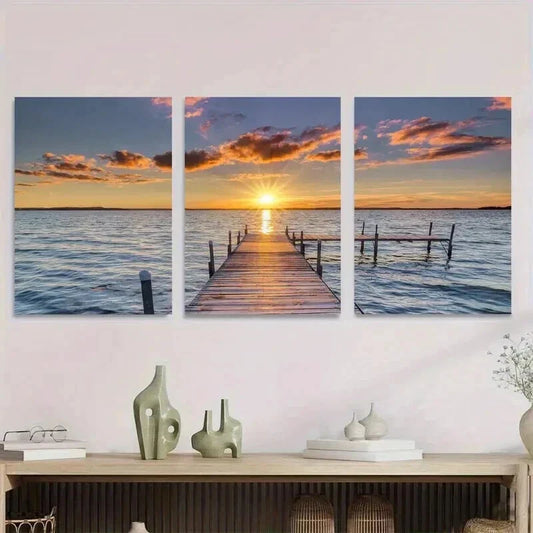 3pcs Sunset Dock Paintings Sky Wall Art Set Canvas Framed 40x60cm - High Quality Print 100% Australian Made Wall Canvas Ready to Hang