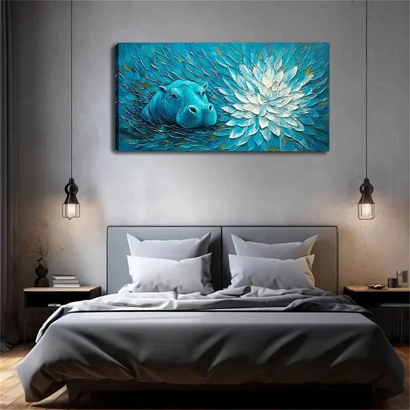 Modern Blue Floral Hippo Wall Art Canvas Office Home Room Framed 120x60cm