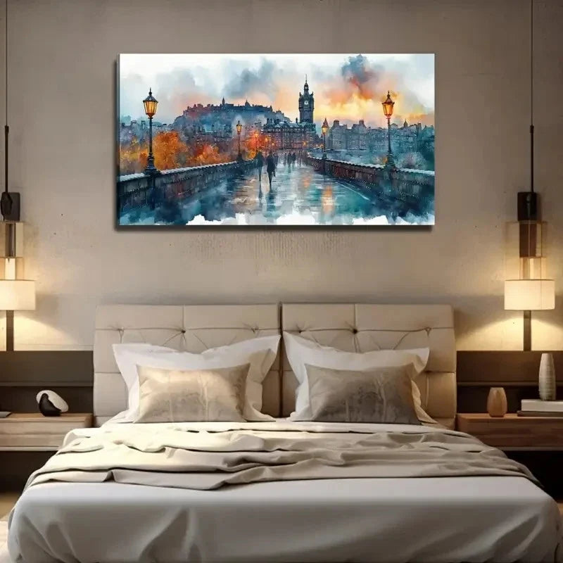 Watercolor Painting Street Wall Art Canvas Office Home Room Framed 120x60cm