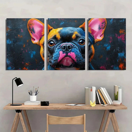 3pcs French Bulldog Colourful Modern Metal Print Ready to Hang Art
