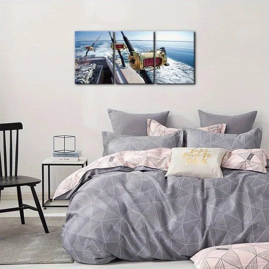 3pcs Fishing Reels and Rods White Sea Wave Metal Print Ready to Hang Art