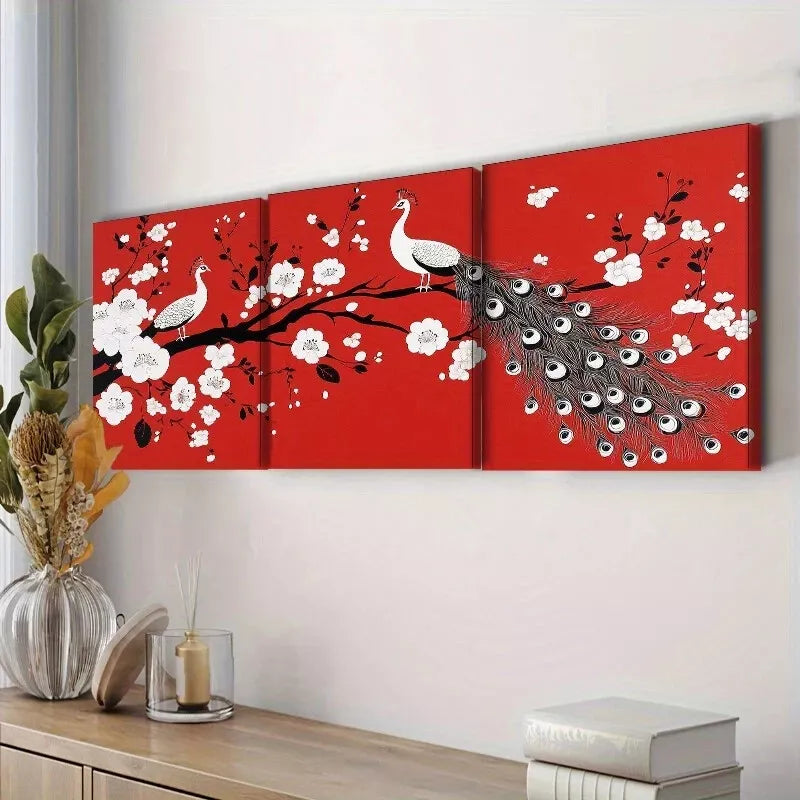 3pcs Modern Peacock & Floral Design, Wall Art Set Canvas Framed 40x60cm - High Quality Print 100% Australian Made Wall Canvas Ready to Hang