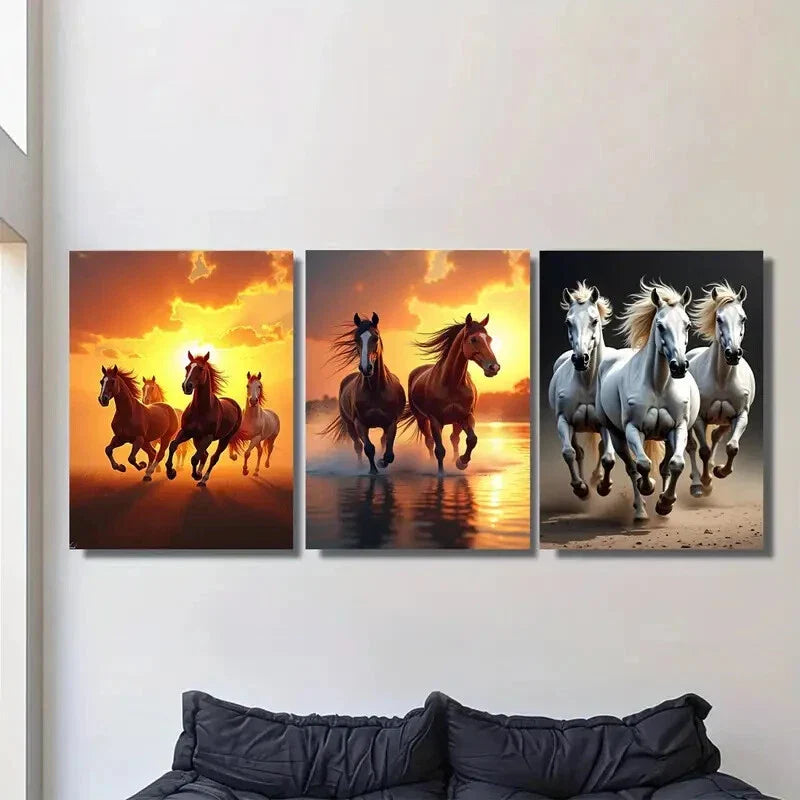 3pcs Galloping Horses Sunset and Beach Metal Print Ready to Hang Art