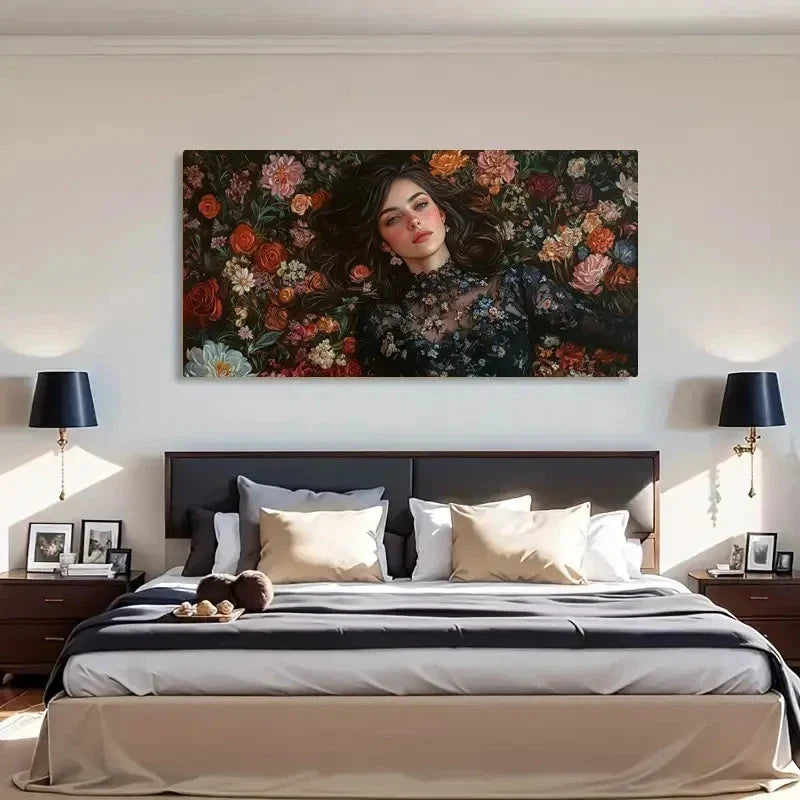 Elegant Woman & Vibrant Flowers Wall Art Canvas Office Home Room Framed 120x60cm