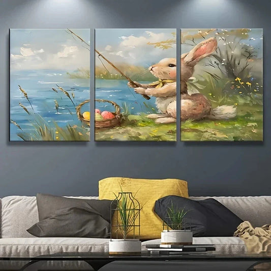 3pcs Cute Bunny Fishing Nature River Green Grasses Metal Print Ready to Hang Art