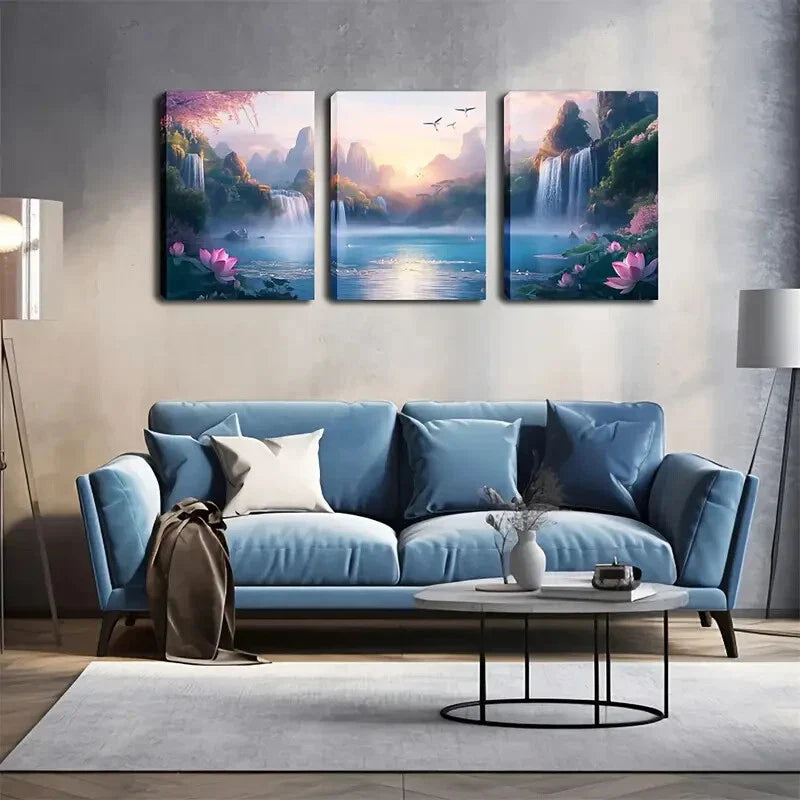 3pcs Serene Waterfall & Mountain Landscape Wall Art Set Canvas Framed 40x60cm - High Quality Print 100% Australian Made Wall Canvas Ready to Hang