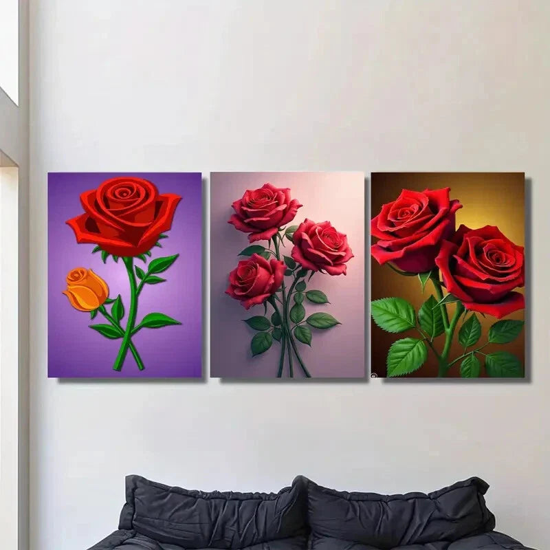 3pcs Beautiful Red Rose Orange Metal Print Ready to Hang Art