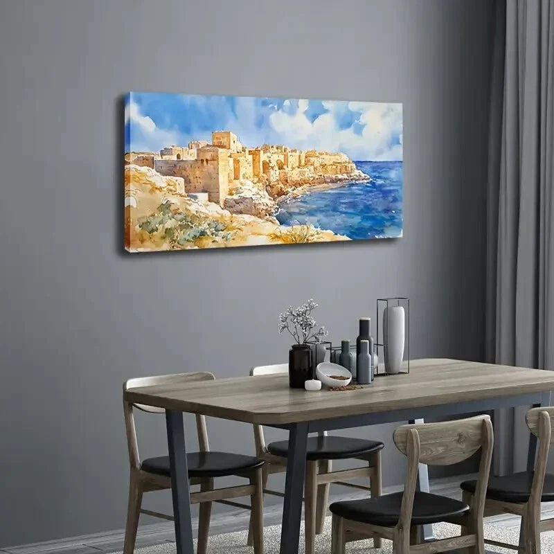 Ancient Coastal Building Wall Art Canvas Office Home Room Framed 120x60cm