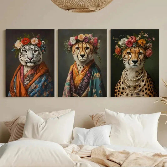3pcs Animal Flowers in Kimono Cheetah Metal Print Ready to Hang Art