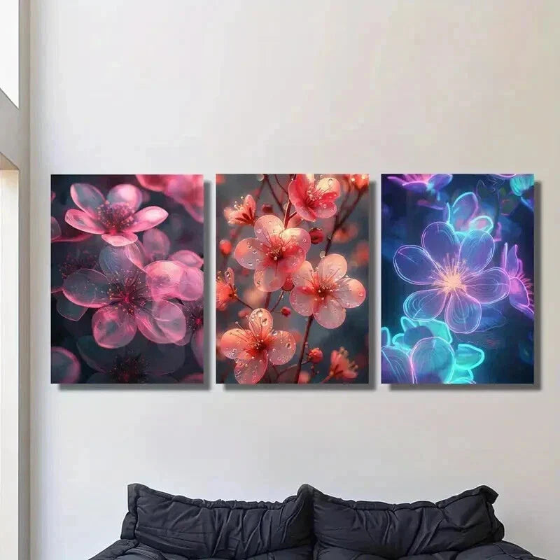 3pcs Pink & Purple Flowers on Dark Background Wall Art Set Canvas Framed 40x60cm - High Quality Print 100% Australian Made Wall Canvas Ready to Hang