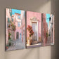 3pcs Italian Urban Pink House & Streets Wall Art Set Canvas Framed 40x60cm - High Quality Print 100% Australian Made Wall Canvas Ready to Hang