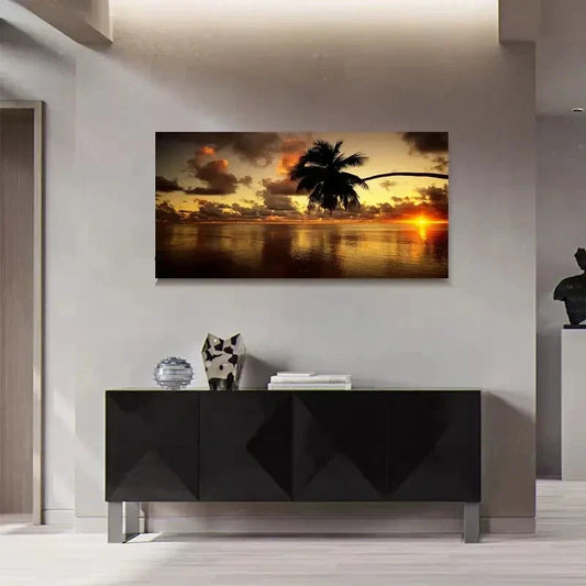 Beach View Sunset & Palm Wall Art Canvas Office Home Room Framed 80x45cm