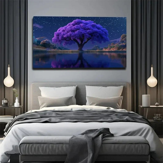 Glowing Purple Trees Wall Art canvas office home room framed 120x60cm