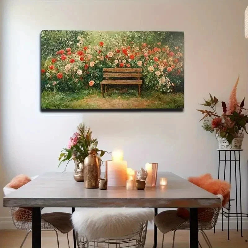 Serene Bench With Blooming Rose Wall Art Canvas Office Home Room Framed 120x60cm
