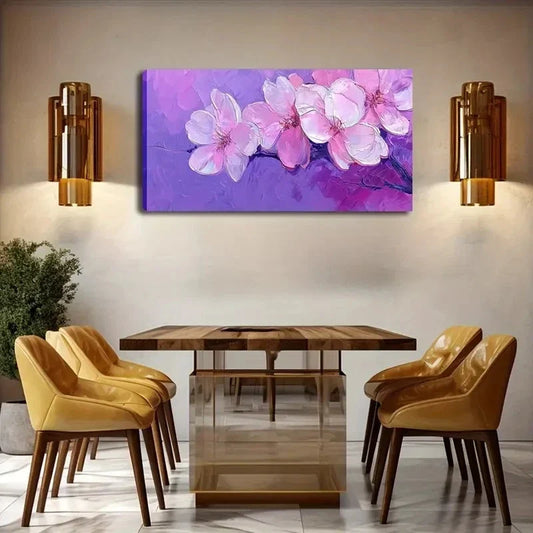 Pink Flowers On Purple Back Wall Art Canvas Office Home Room Framed 120x60cm