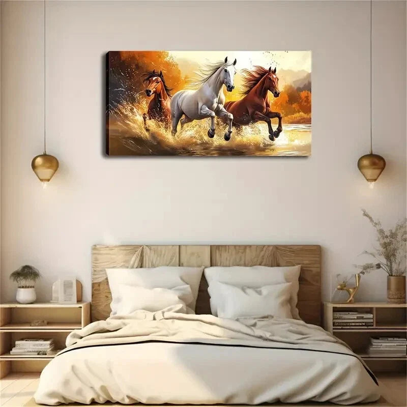 Majestic Three Galloping Horses Wall Art Canvas Office Home Room Framed 120x60cm