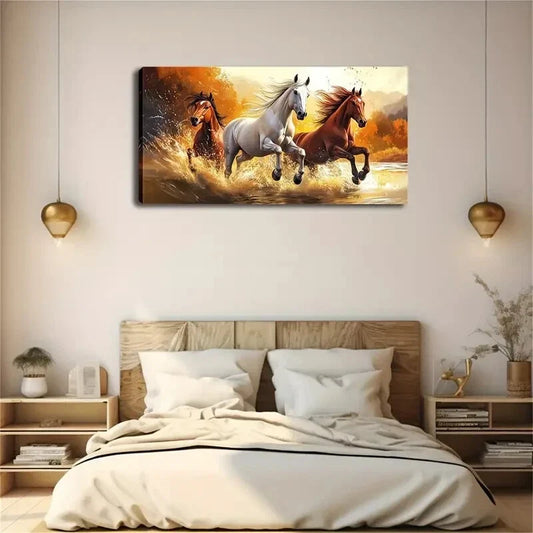 Majestic Three Galloping Horses Wall Art Canvas Office Home Room Framed 120x60cm