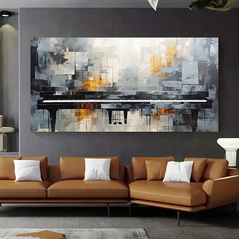 Piano Motif Modern Gray Yellow Wall Art Canvas Office Home Room Framed 120x60cm
