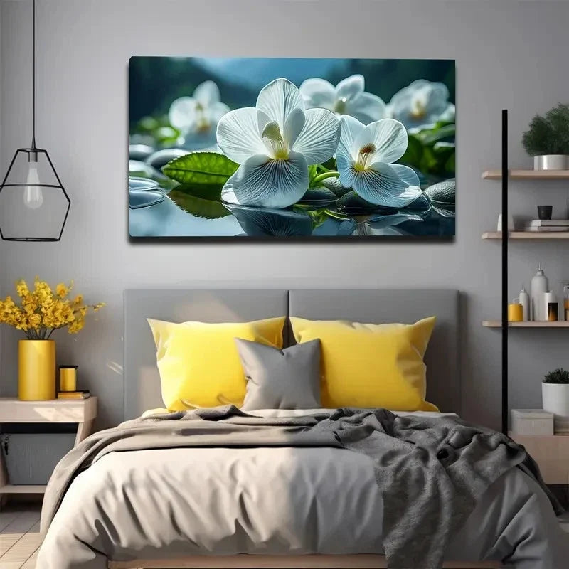 Elegant White Orchid Water Wall Art Canvas Office Home Room Framed 80x45cm