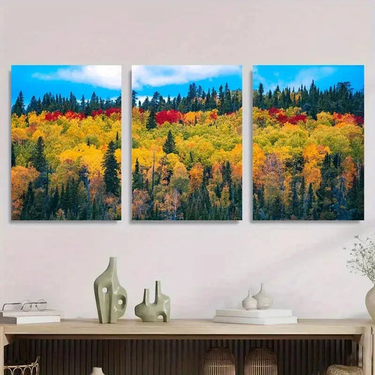 3pcs Autumn Forest Landscape Vibrant Metal Print Ready to Hang Art