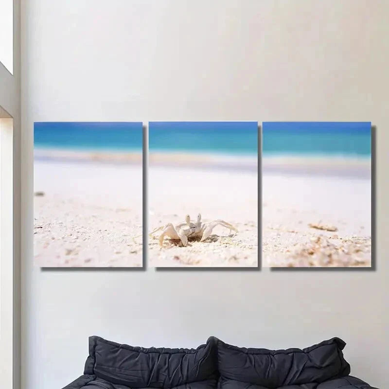 3pcs Vibrant Ocean View with Crab & Seashells Metal Print Ready to Hang Art