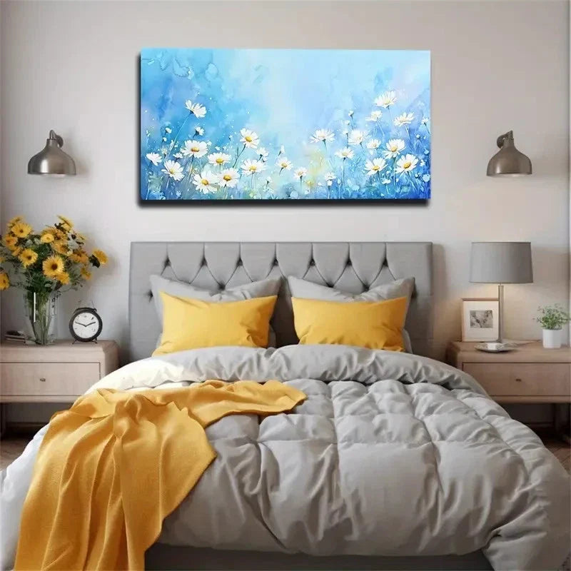Daisies Against A Blue Wall Art Canvas Office Home Room Framed 120x60cm