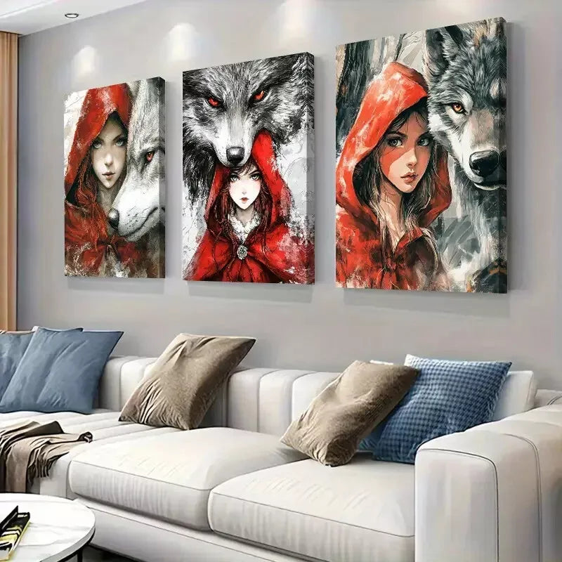 3pcs little Red Riding Hood and Wolves Triptych Wall Art Canvas Wall Art Set Canvas Framed 40x60cm - High Quality Print 100% Australian Made Wall Canvas Ready to Hang
