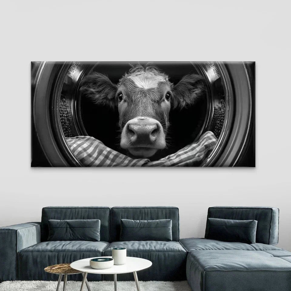 Black and White Cow in Laundry Wall Art Canvas Office Home Room Framed 80x45cm