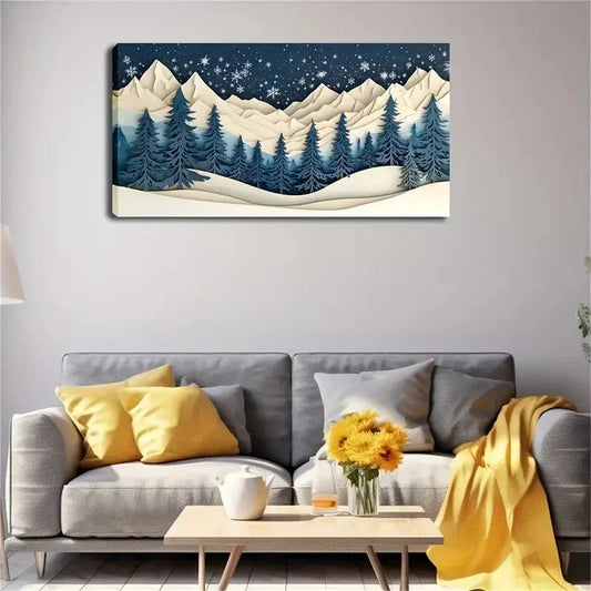 Deep Blue Pine Trees & Snowy Wall Art Canvas Office Home Room Framed 80x45cm